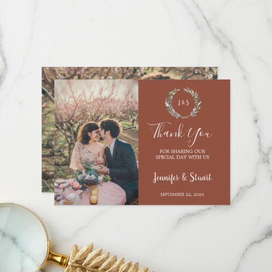 Carte De Remerciements Mariage photo de couleur d'eau rustique feuille mo (Devant/Arrière en situation)