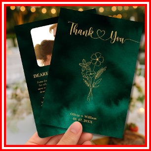 Carte De Remerciements Mariage Photo de Fleur Sauvage Vert Émeraude et Or
