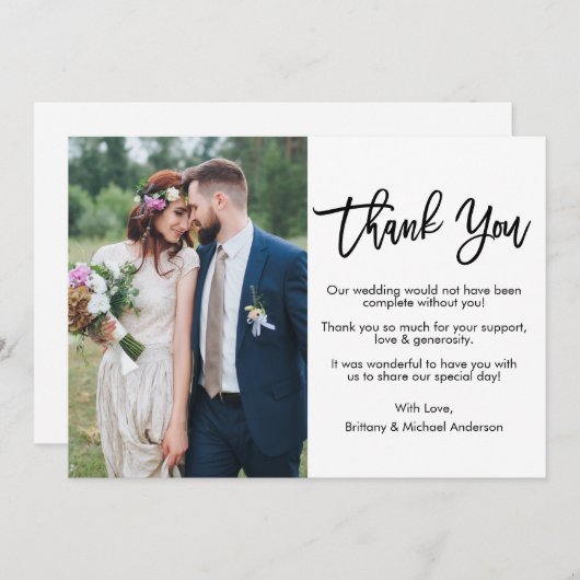 Carte De Remerciements Mariage photo de script de pinceau moderne (Devant / Derrière)