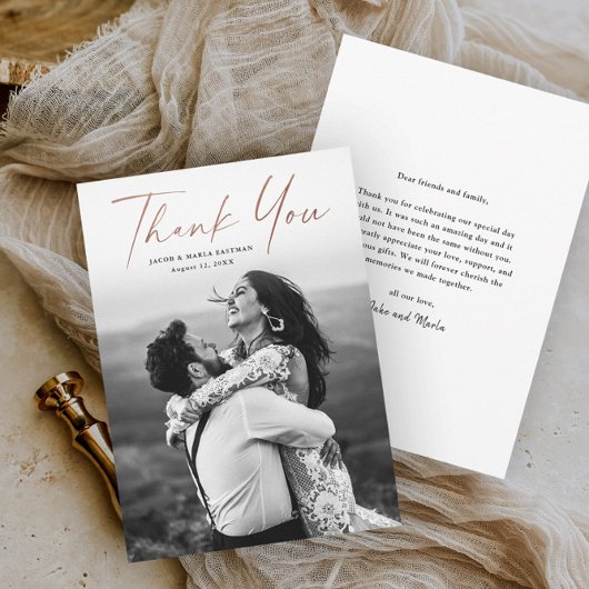 Carte De Remerciements Mariage photo de script de rose moderne or
