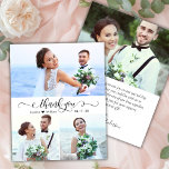 Carte de remerciements Mariage photo de script élé<br><div class="desc">Budget Modern Elegant Script 3 Photo Collage Mariage Merci abordable carte mince à petit budget. Un mariage élégant merci modèle avec 3 photo sur le devant avec le texte "Merci" dans une calligraphie ou typographie lettrée en noir et blanc. Petit motif coeur d'amour entre les noms.Au verso une photo et...</div>