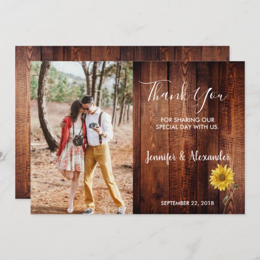 Carte De Remerciements Mariage photo de tournesol aquarelle en bois rusti (Devant / Derrière)