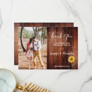 Carte De Remerciements Mariage photo de tournesol aquarelle en bois rusti
