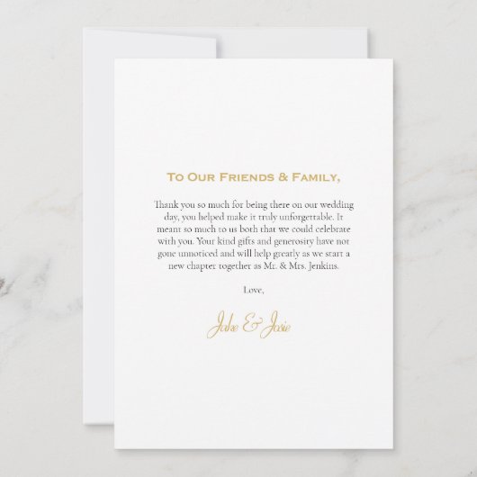 Carte De Remerciements Mariage photo dégradé blanc, script or mariage (Dos)