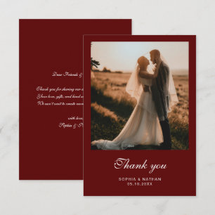 Carte De Remerciements Mariage Photo Élégant Bourgogne Écriture Vintage