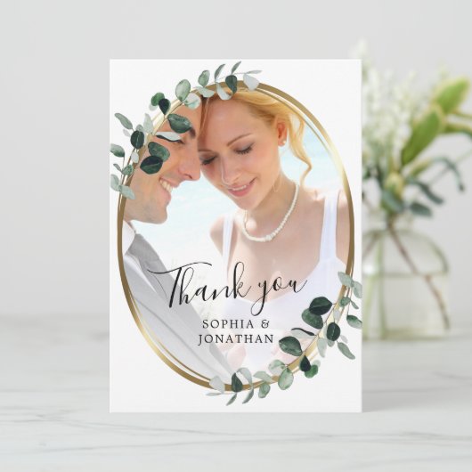 Carte De Remerciements Mariage photo Eucalyptus Gold Elegant Script (Debout devant)