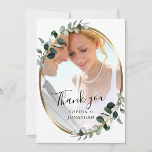 Carte De Remerciements Mariage photo Eucalyptus Gold Elegant Script