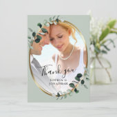 Carte De Remerciements Mariage photo Eucalyptus Gold Elegant Script Sage (Debout devant)