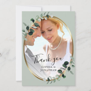 Carte De Remerciements Mariage photo Eucalyptus Gold Elegant Script Sage