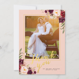 Carte De Remerciements Mariage photo Floral Burgundy Pink Gold