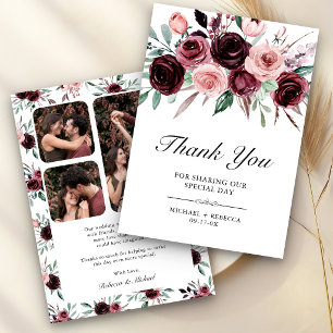 Carte De Remerciements Mariage photo floral burgundy rose poussiéreux