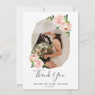 Carte De Remerciements Mariage photo géométrique Blush Rose Floral Gold