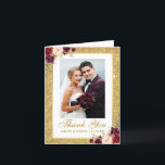 Carte De Remerciements Mariage Photo Gold Parties scintillant Bourgogne F<br><div class="desc">Elégant mariage photo Parties scintillant or cadre aquarelle Bourgogne Marsala Merci floral plié carte note</div>