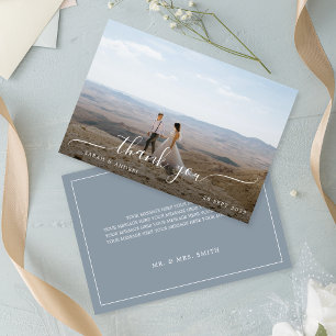 Carte De Remerciements Mariage photo minimaliste Dusty Blue Calligraphy