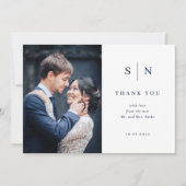 Carte De Remerciements Mariage photo minimaliste et chic blanc et marine (Devant)