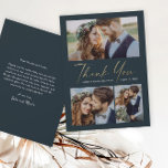 Carte De Remerciements Mariage photo Modern Gold Script 3<br><div class="desc">Mariage de photo Gold Script 3 élégant élégant carte de remerciements moderne. Le dos comprend un message de remerciement que vous pouvez personnaliser pour chaque invité ou supprimer si vous préférez écrire votre remerciement à la main. Cliquez sur le bouton Modifier pour customiser.</div>