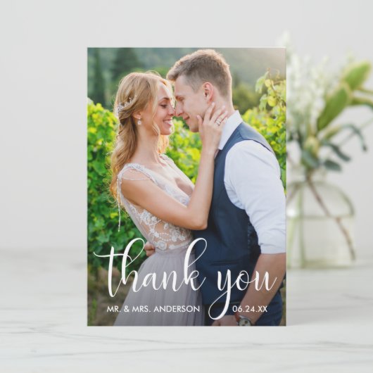 Carte De Remerciements Mariage Photo Moderne Calligraphie Script (Debout devant)