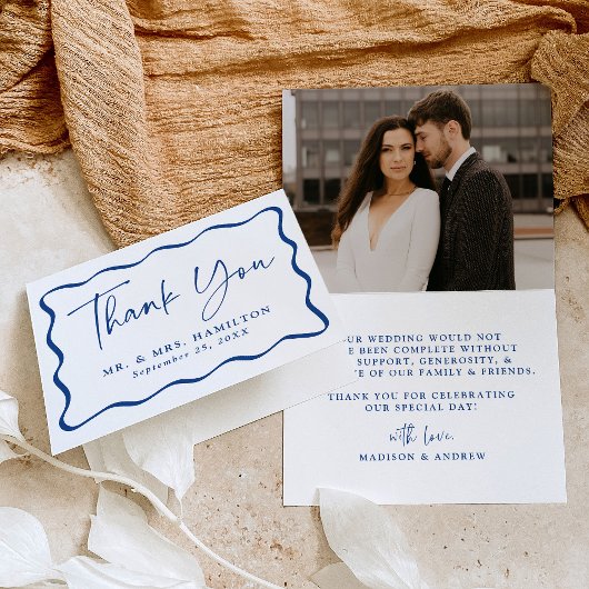 Carte De Remerciements Mariage photo moderne de cadre bleu vague