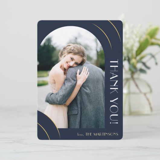Carte De Remerciements Mariage photo moderne en bleu foncé (Debout devant)