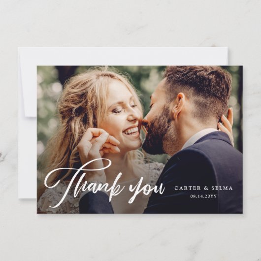 Carte De Remerciements Mariage Photo Moderne Script Minimal (Devant)