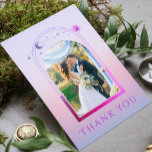 Carte De Remerciements Mariage photo mystique Lavender rose Sun Moon Star<br><div class="desc">Mystical Chic Sunset Pink Sun Moon Stars Celestial Astronomy Space Photo Mariage Merci Les cartes offrent le soleil, la lune et les étoiles avec un cadre rose et violet entourant votre photo préférée sur un arrière - plan de coucher de soleil pastel plage. Au verso, ajoutez votre message de remerciement...</div>