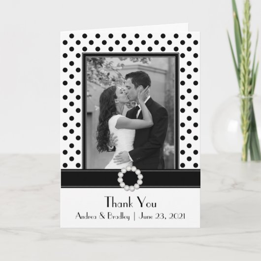 Carte De Remerciements Mariage photo noir blanc Polka Dot (Devant)