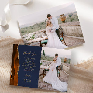 Carte De Remerciements Mariage Photo Orange Brûlé Agate Bleu Marine Or Do