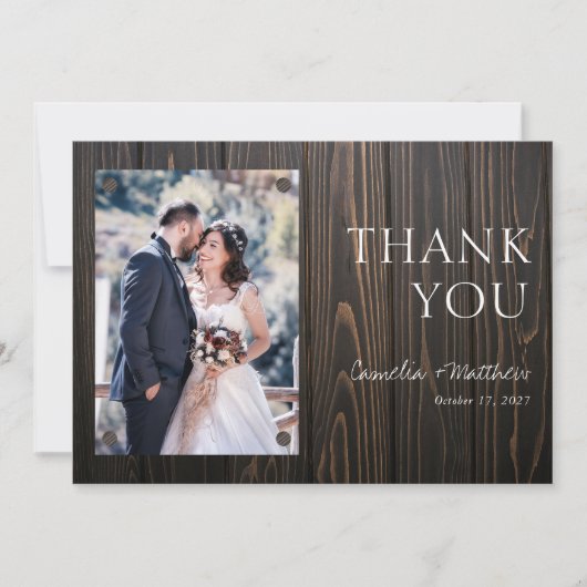 Carte De Remerciements Mariage photo Rustic Dark Wood (Devant)