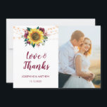 Carte De Remerciements Mariage photo Rustic Sunflowers<br><div class="desc">Ces cartes de remerciement mariages présentent un tournesol d'aquarelle et un design floral rose bordeaux avec des lampes à cordes. Personnalisez-le avec votre propre photo mariage, les noms et le texte de la date du mariage ainsi que votre message de remerciement au dos. Ces cartes de remerciement font partie d'une...</div>