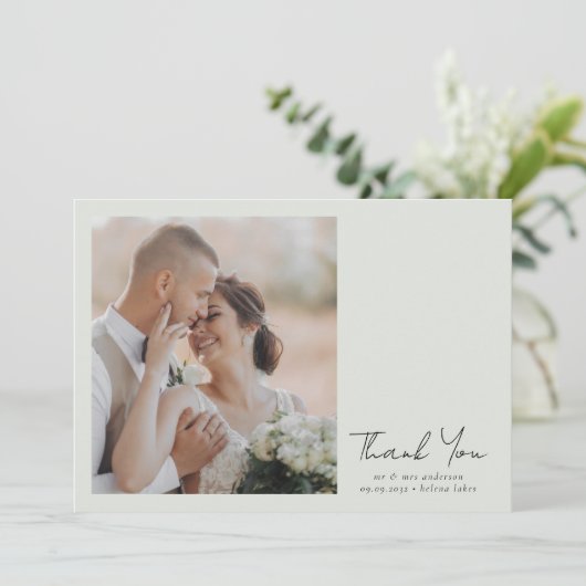 Carte De Remerciements Mariage photo Sage Green Script (Debout devant)