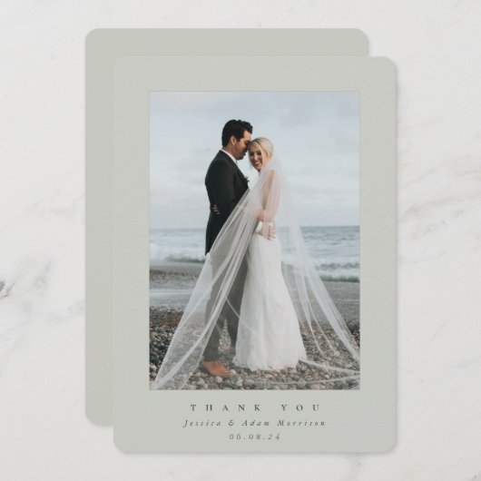 Carte De Remerciements Mariage photo unique gris-vert ultra-minimal (Devant / Derrière)