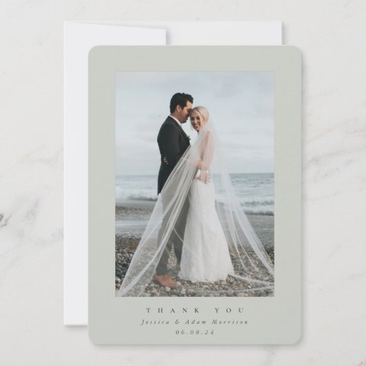 Carte De Remerciements Mariage photo unique gris-vert ultra-minimal (Devant)