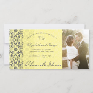 Carte De Remerciements Mariage photo vintage Damask Lace Jaune & Gris