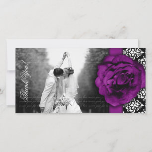 Carte De Remerciements Mariage Photocard Purple Rose Damask noir blanc