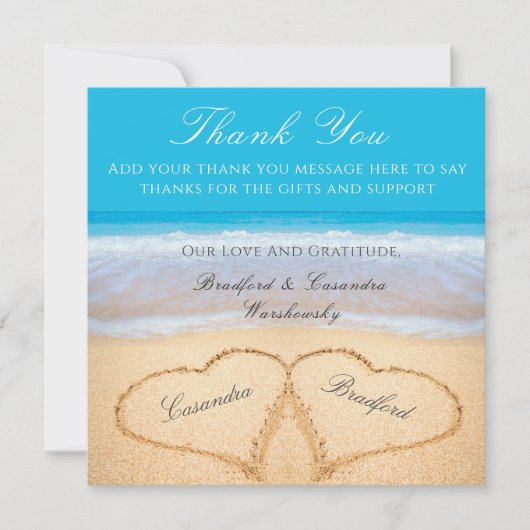 Carte De Remerciements Mariage plage 2 Coeurs dans le Mariage de sable (Devant)