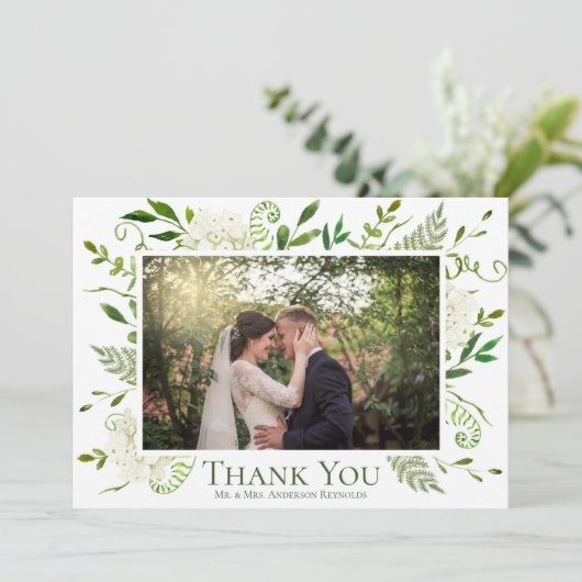 Carte De Remerciements Mariage plat photo Hydrangea blanc (Debout devant)