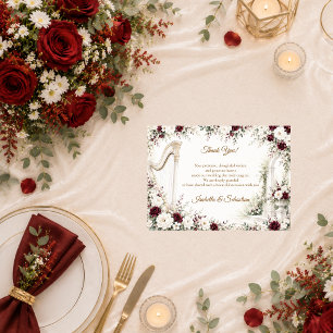 Carte De Remerciements Mariage Romantique à la Harpe dans un Jardin Luxue