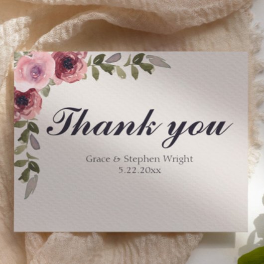 Carte de remerciements Mariage rose aquarelle