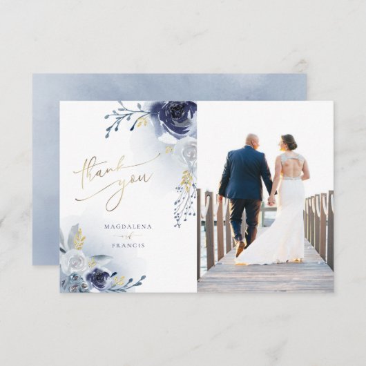 carte de remerciements mariage rose bleu (Devant / Derrière)