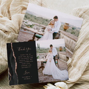 Carte De Remerciements Mariage Rose Gold Script Agate Noir Photo