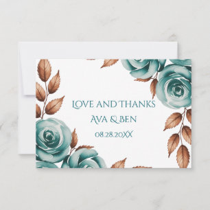 Carte De Remerciements Mariage Roses sarcelle et Feuilles de Bronze