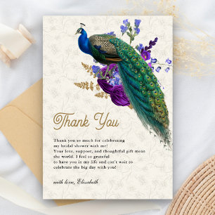 Carte De Remerciements Mariage Royal Bleu Violet Floral Paon Fête de Mari