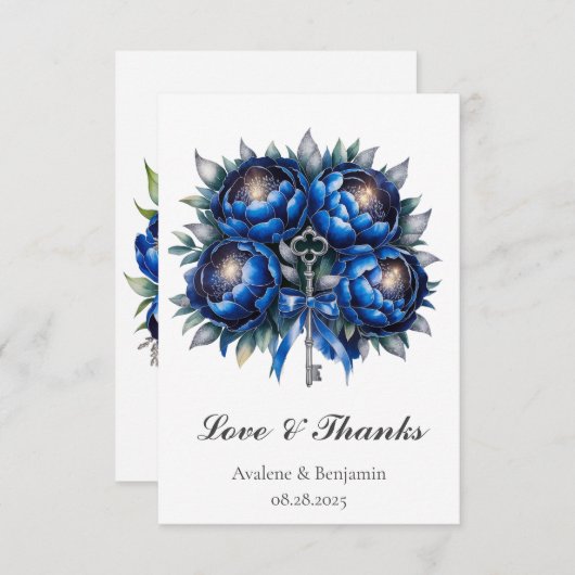 Carte De Remerciements Mariage Royal Blue et Silver Peony (Devant / Derrière)