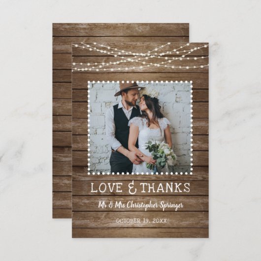 Carte De Remerciements Mariage Rustic Wood LOVE & THANKS String Lights (Devant / Derrière)