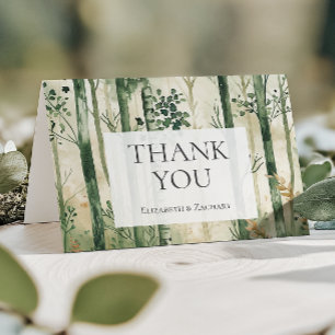 Carte De Remerciements Mariage Rustique Aquarelle Vert Or en Forêt