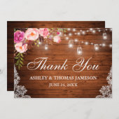 Carte De Remerciements Mariage Rustique Bois rose Floral Jar Lumières (Devant / Derrière)