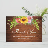 Carte De Remerciements Mariage rustique bois soleil fleurs (Debout devant)