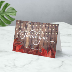 Carte De Remerciements Mariage rustique d'automne avec feuilles rouges et
