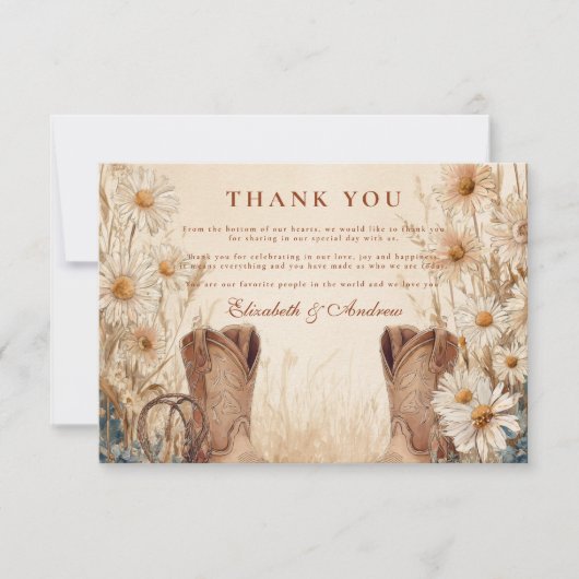 Carte De Remerciements Mariage rustique de bottes de marguerite (Devant)