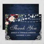 Carte De Remerciements Mariage rustique en bois bleu burgundy floral (Devant / Derrière)